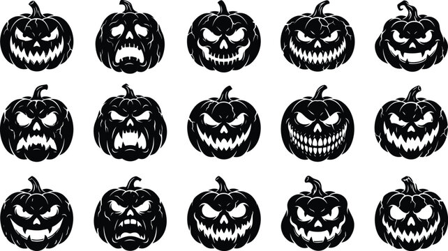Set of fifteen black scary pumpkin faces with sharp teeth for halloween holiday decoration