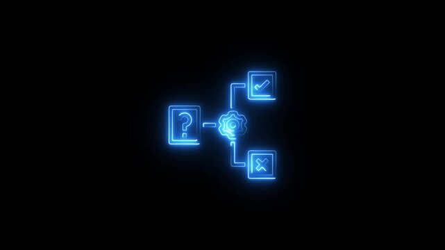 Neon decision making flowchart with question mark and checkmark symbols for business strategy