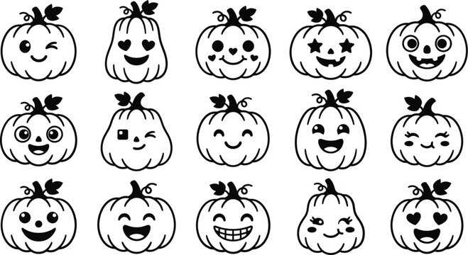 Set of cute hand drawn pumpkin icons with funny faces for halloween holiday design projects