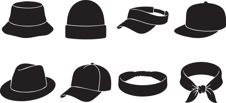 Headwear and hats silhouette icon set including baseball cap, bucket hat, beanie, visor, fedora, headband, and bandana.