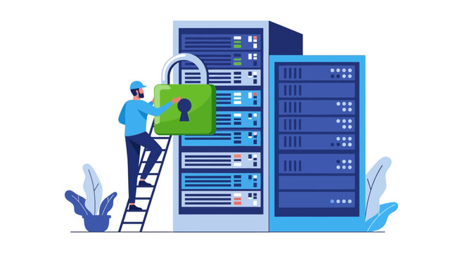 Cybersecurity and Data Protection Concept: IT Technician Securing Server Racks with Large Padlock Illustration