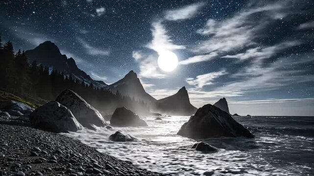 Mystical moonlit ocean waves crash on a rocky shore under a star-filled night sky.