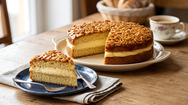 German Bee Sting cake slice with vanilla custard filling and caramelized almonds