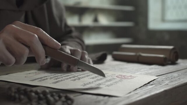 Hands of a monk in a brown robe following text lines on parchment with a penknife next to rolled scrolls and rosary beads on a wooden table inside a dark medieval scriptorium