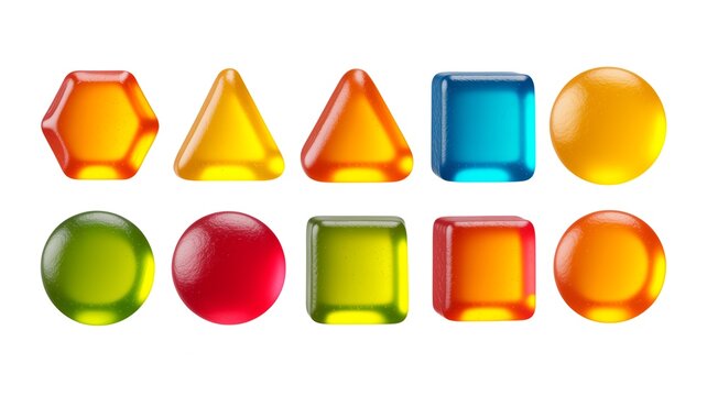 Various colorful gummy candy shapes isolated in a vibrant collection arrangement on white background