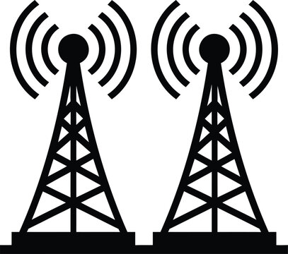Two cell towers with radio waves emitting signals  communication infrastructure