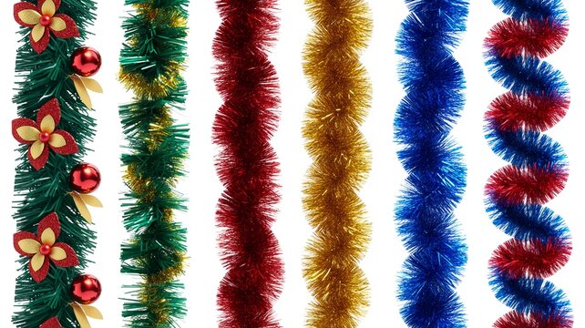 Six colorful shiny festive christmas tinsel garlands arranged in vertical rows isolated on white background