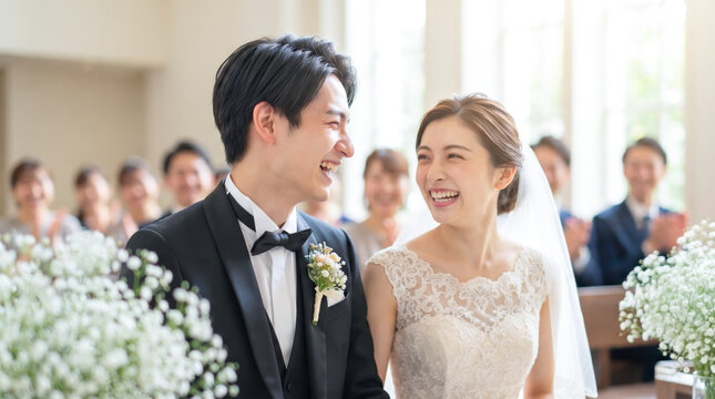 チャペルで祝福される笑顔の新郎新婦　結婚式とブライダルセレモニー