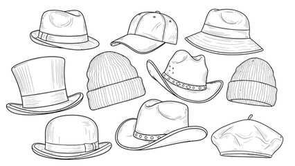 Set of ten hats of various styles isolated on white background, black and white hand drawn outline coloring book page for kids. © SHAMIM