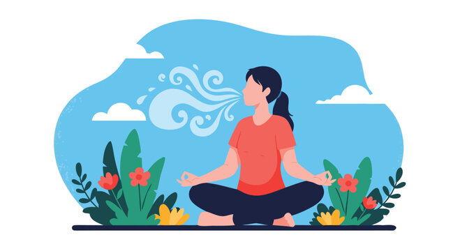 Young healthy woman breathing fresh air and practicing yoga meditation in colorful spring garden under blue sky.