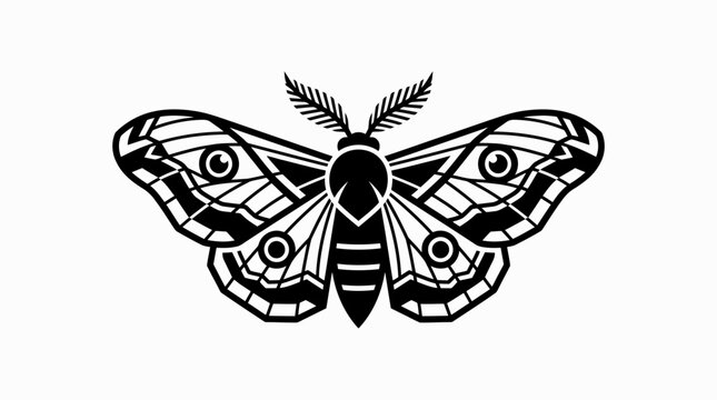Detailed black and white moth illustration with symmetrical pattern