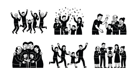 Fototapeta premium Jumping people vector illustration black and white line art on white background