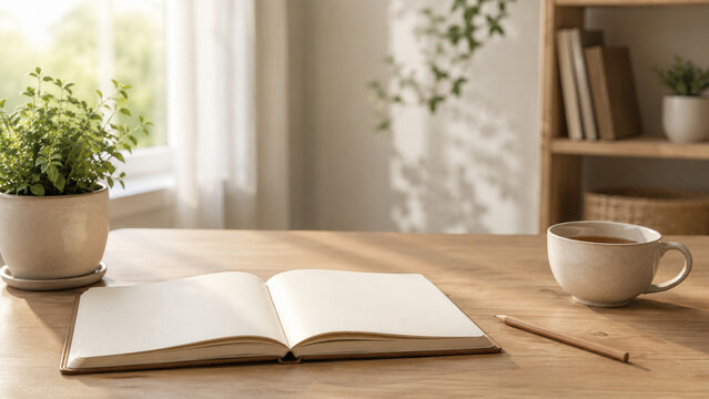 Quiet morning journaling desk with tea and soft window light