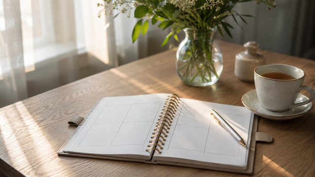 Soft morning planner desk for mindful productivity routine