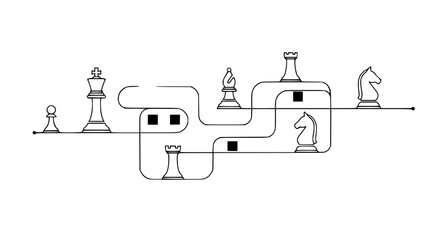 Minimalist Chess Game Strategy Path with Pieces on White Background © Mam