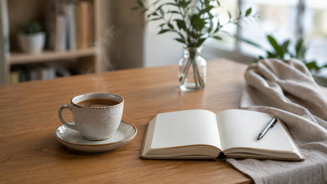 Cozy tea and notebook still life with soft copy space