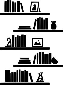 A minimalist black and white illustration of a bookshelf with books, picture frame, vase, and decorative objects on each shelf against a plain background.