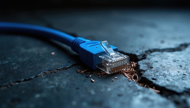 Blue network cable connector broken on dark cracked concrete floor. Exposed copper wires signify internet or communication failure disruption. Security and access problems.