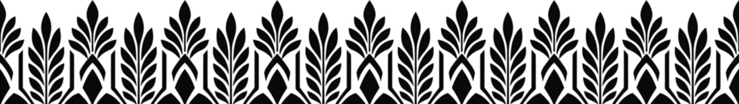 Hand made black and white botanical border design for textiles wallpaper and surface pattern design
