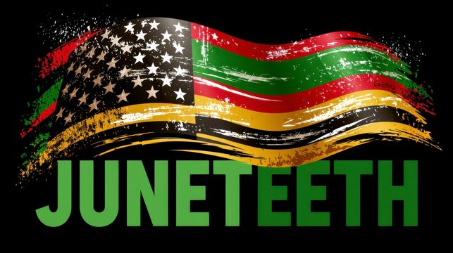 A grunge-style American flag featuring Pan-African colors with the word "JUNETEETH" beneath, symbolizing the celebration of African American freedom.