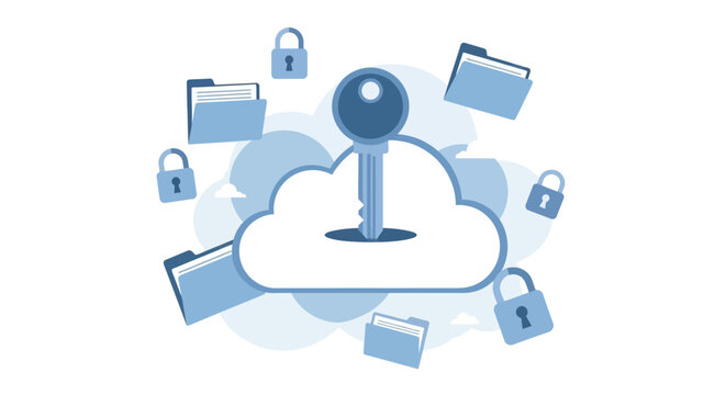Cloud Computing Security Concept with Key, Padlocks, and Data Folders for Secure Online Storage, Cybersecurity, and Data Protection Services.