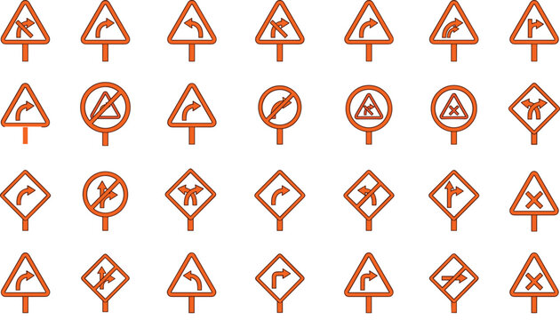 Set of orange and white road traffic signs with directional navigation arrow icons collection