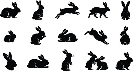 Fototapeta premium Black Bunny Silhouette Icon Set with Jumping, Standing, and Sitting Rabbits for Easter Holiday Decorations, Spring Patterns, and Wildlife Logo Designs