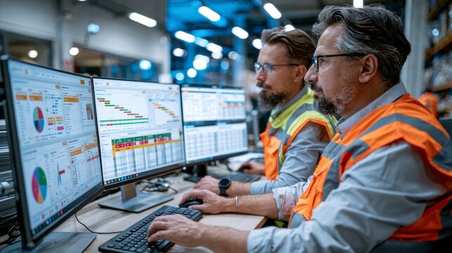 Two men in safety vests analyze detailed data charts on multiple monitors in an industrial or warehouse setting.