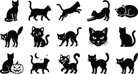 Fototapeta premium Black Cat Silhouette Collection Halloween Vector Icon Set