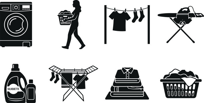 Laundry service and housework vector silhouette icons set featuring washing machine laundry basket ironing board and clothes line elements