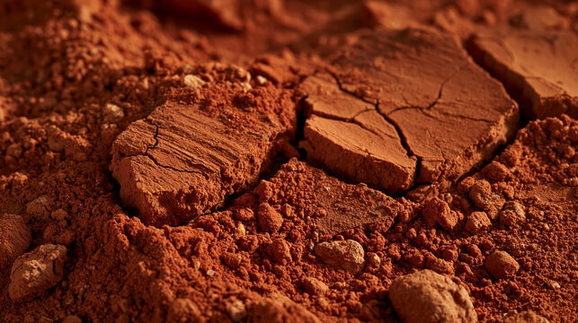 Macro cracked desert earth with reddish dust and clods