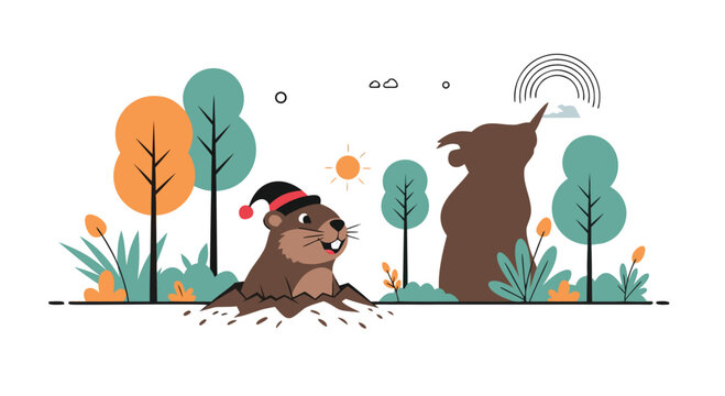 Cute groundhog wearing a winter hat looks back to see its shadow on a sunny winter day, forecasting spring weather.