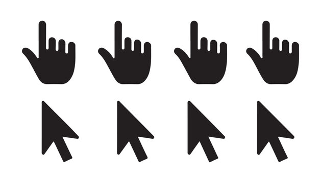 Collection of computer mouse cursors including pointing hands and solid arrows on transparent grid.