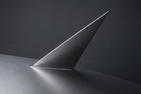 Sleek metal fin at an acute angle on a flat plane, minimalist industrial design.