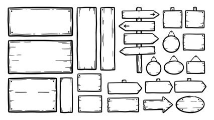 Fototapeta premium Hand drawn wooden sign vector set with blank planks boards and directional arrows for message templates