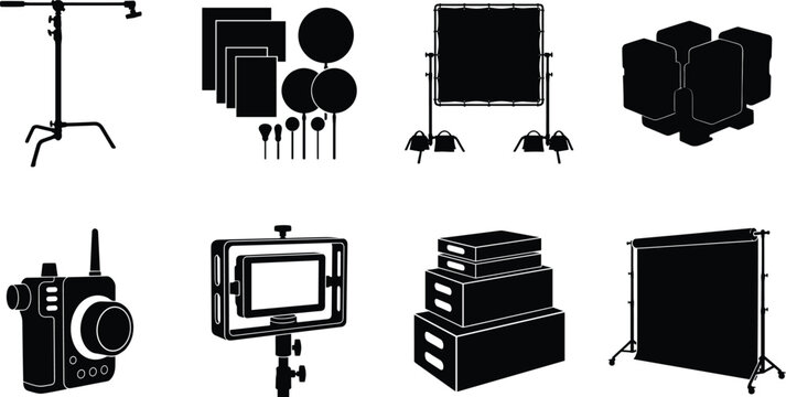 Professional film production and studio photography equipment icons set featuring camera, lighting, flags, backdrop stand, and grip accessories