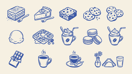 Hand drawn dessert and coffee vector icons set featuring cake cookies waffle chocolate and hot drinks for cafe menu design © Artastic