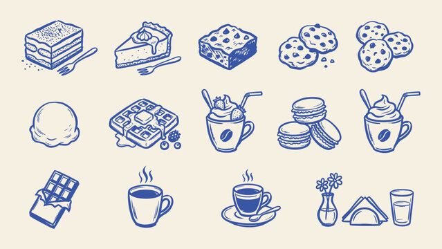 Hand drawn dessert and coffee vector icons set featuring cake cookies waffle chocolate and hot drinks for cafe menu design