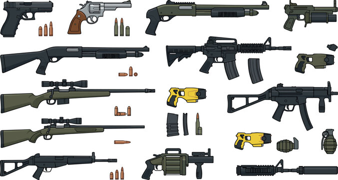 Firearms and Tactical Equipment Vector Illustration