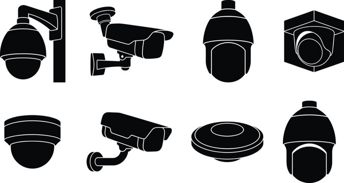 Security and surveillance CCTV camera silhouette icons set featuring dome bullet and wall mounted property protection equipment vectors