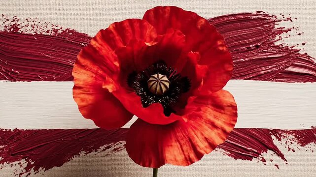 Vibrant red poppy flower with artistic brushstrokes evoking remembrance and beauty