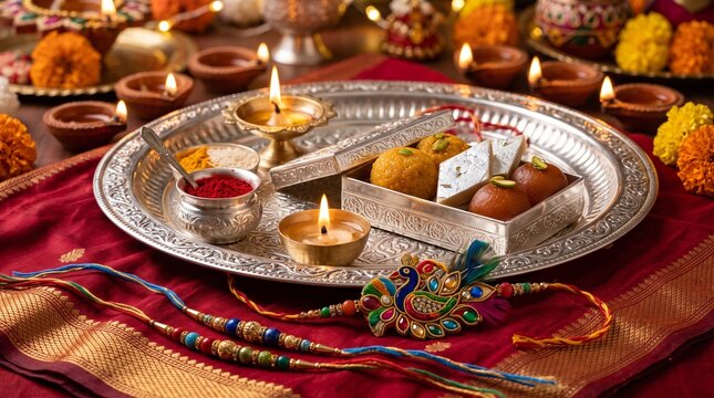 Traditional Raksha Bandhan thali with peacock rakhi, burning brass diyas, and an ornate silver box filled with Indian sweets like kaju katli, gulab jamun, and laddu on red silk fabric.
