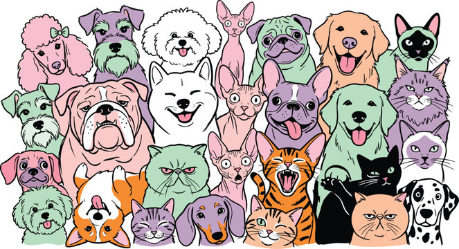 Pastel Dog and Cat Breed Face Collage with Poodle, Bulldog, Sphynx, Golden Retriever, and Dalmatian for Pet Portrait Designs