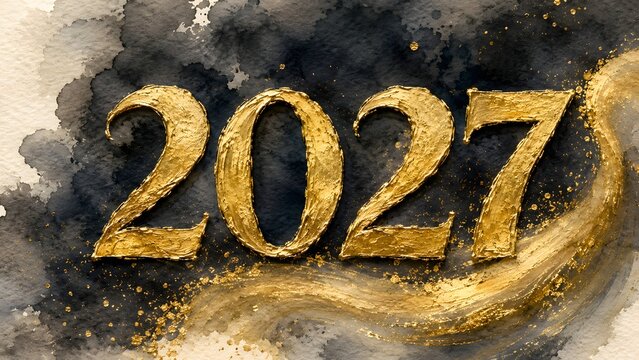 Gold 2027 typography on abstract watercolor background with splatters and swirls
