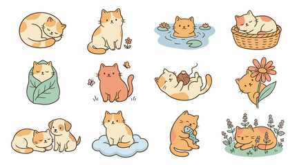 Obraz premium Set of cute stylized cats in various poses, sleeping, playing, and relaxing, with floral and natural elements, adorable kitten illustrations for