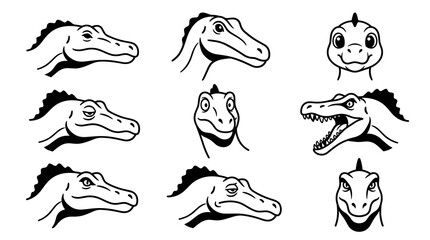Obraz premium Collection of simple dinosaur head illustrations in black and white, showing various angles and expressions, perfect for educational materials or