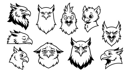 Obraz premium Collection of stylized mythical creature heads and animal faces, line art illustrations, fantasy beasts and cartoon characters, digital drawing
