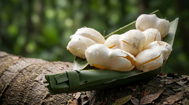 Fresh Pana Nonku or Panam Karikku palm fruit pods served in a rustic handmade palm leaf bowl, resting on a palm tree trunk, capturing the essence of tropical summer refreshment.