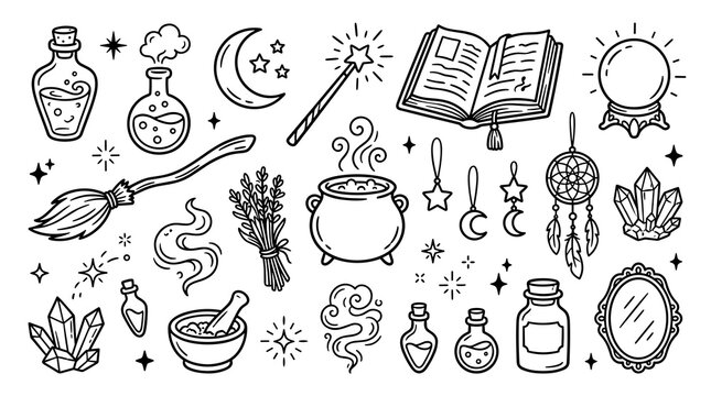 Collection of mystical doodle elements, including potions, cauldron, magic wand, spellbook, crystals, and broomstick, hand-drawn outline icons for