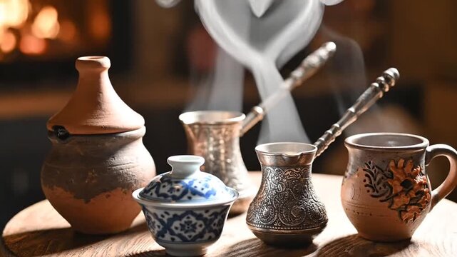 Steaming Turkish coffee pots and pottery on wooden table
